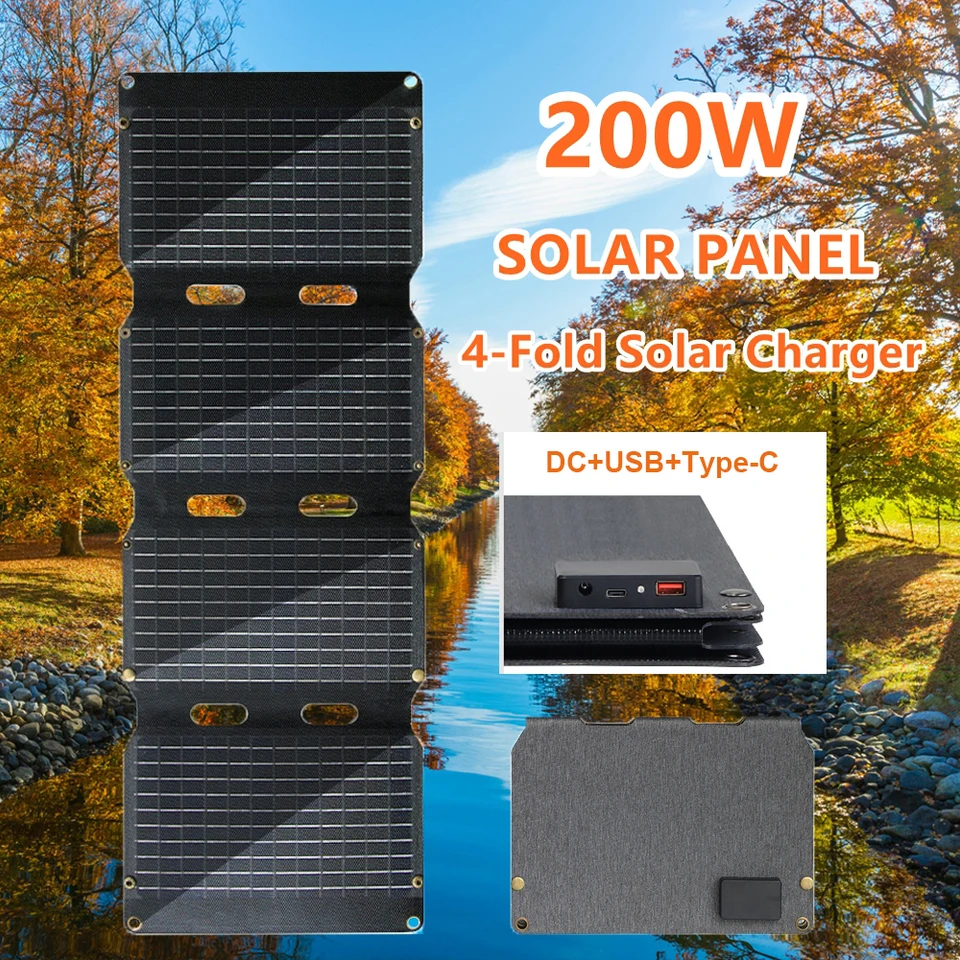 折りたたみ式ソーラーパネル200W,18V 5V DC, USB Type-C充電器,完全な