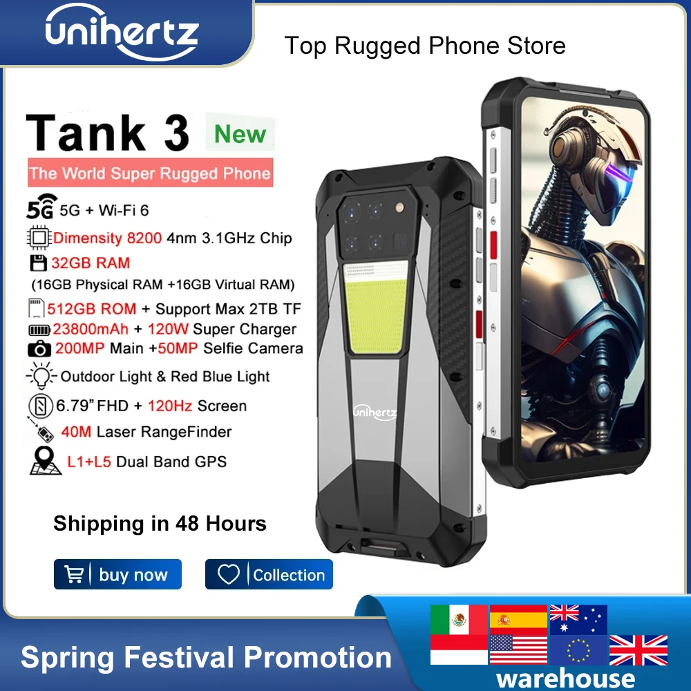 Unihertz Tank 3 By 8849 Smartphone Robusto 32Gb 512Gb 23800Mah 120W Caricabatterie Dimensity 8200 5G Cellulare 200Mp 120Hz Telefono Cellulare