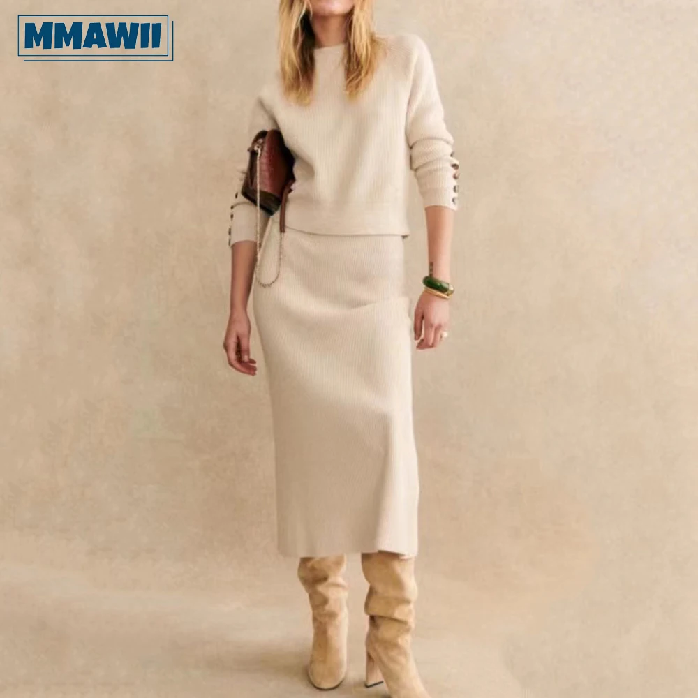 

Повседневный женский свитер MMAWII на пуговицах в полоску с круглым вырезом новинка осень-зима 2023 прямая юбка средней длины