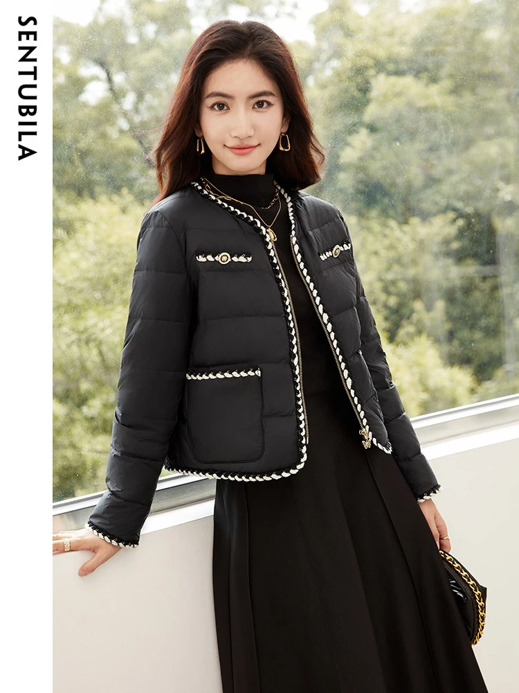 SENTUBILA Women's Short Duck Down Coat 2023 Autumn Winter Crew Neck Fashion Simple Zipper Puffer Jacket Office Ladies W34Y49693