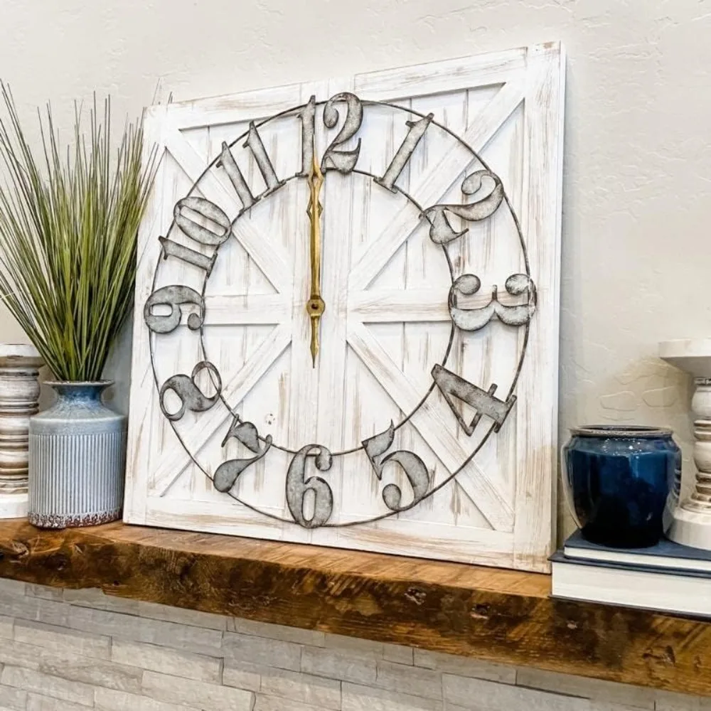 Large Farmhouse Wall Clock-Square Farmhouse Style Clock Bundled with Decorative Reversible Wooden Sign