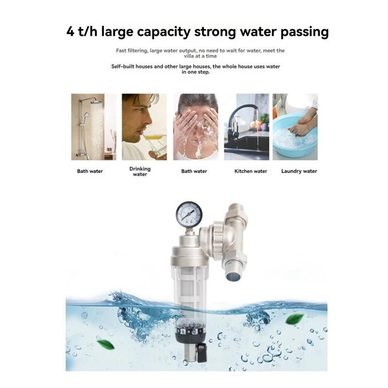 Whole House Central Filter High-Flow Tap Water Filter Reusable Sediment Water Nickel-Plated 4-Point Joint