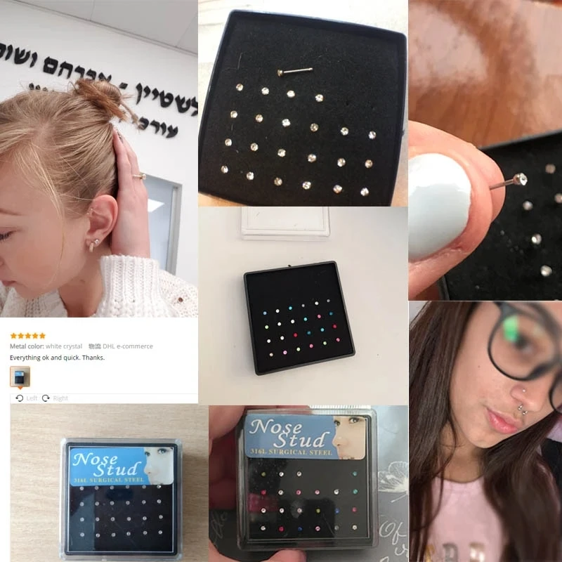 Piercing Jewelry 24pcs Crystal Nose Ring & Studs Fashion Body Women Girl Stainless Surgical Steel Nose Piercing Colorful Rhinestone