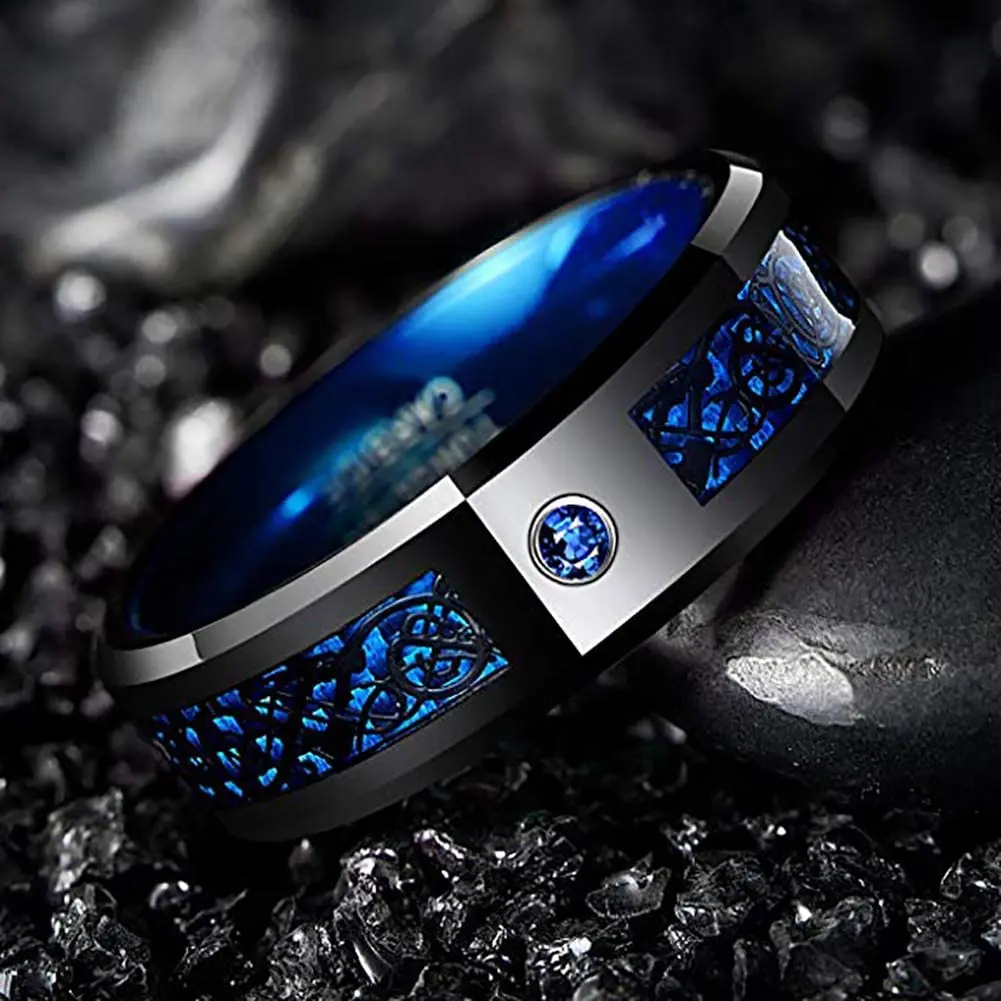 Wedding Rings Men 8mm Stainless Steel Celtic Dragon Ring Inlay Blue Zircon Stone Blue Carbon Fibre
