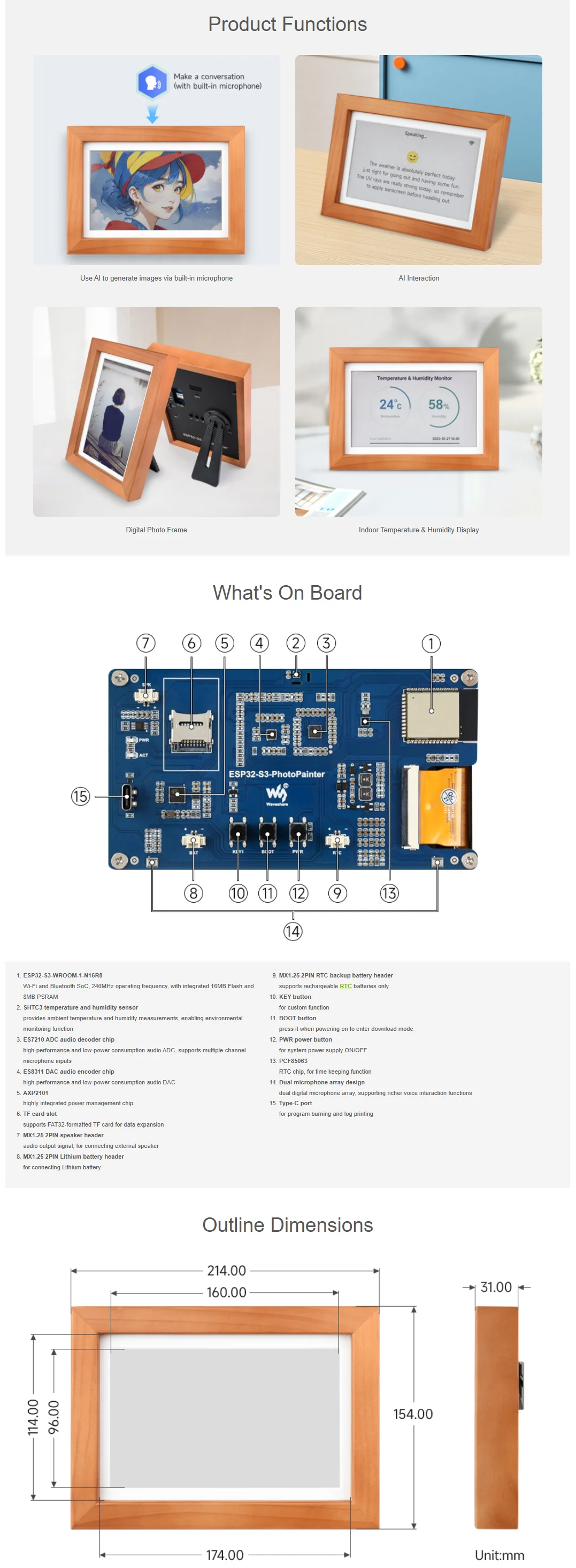 Waveshare ESP32-S3 PhotoPainter: 7.3" E6 E-Paper Display in Wood Frame, 800×480,