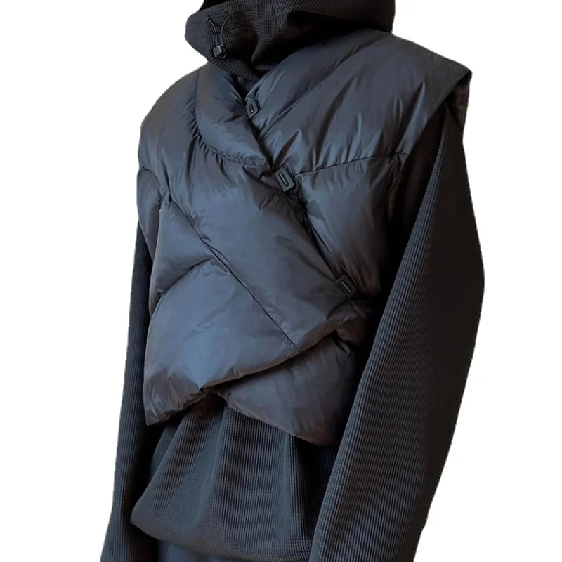 

Vintage High Street Men's Black Color Sleeveless Warm Down Padded Vest Irregular Style Design Outwear Wasicoat
