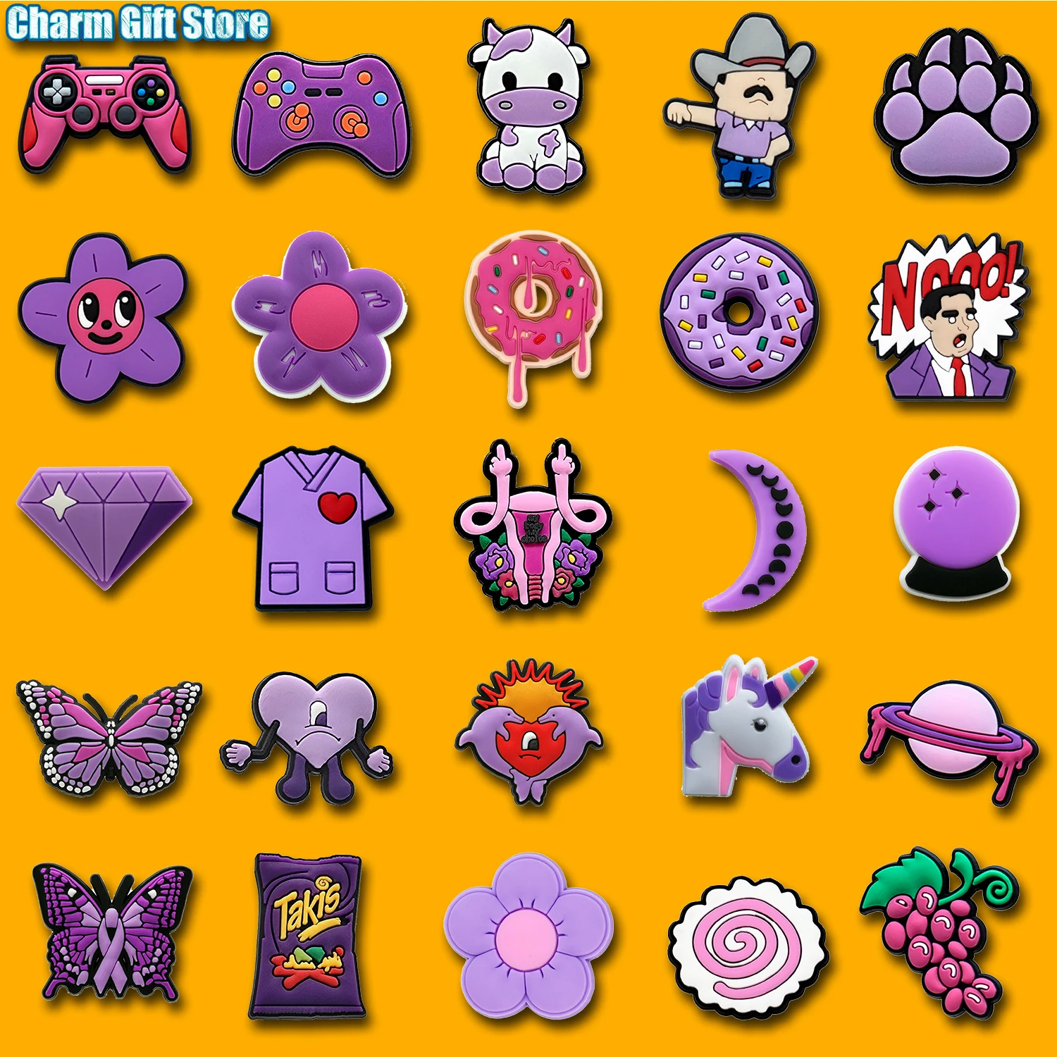 1 Pz Viola Croc Shoe Charms Controller Di Gioco Taki Donut Shoe Decorazioni Accessori Flower Grape Croc Jeans