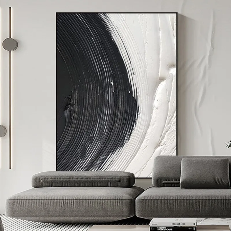

Handmade Painting Black and White Wave Decorative Modern Minimalist Living Room Background Wall Abstract Hanging