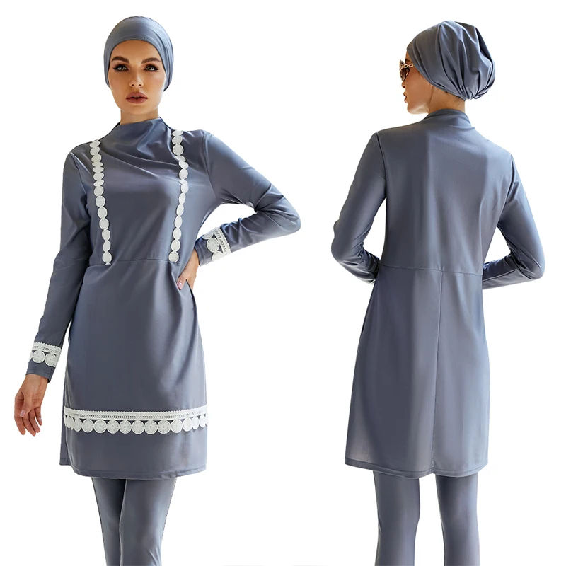 Muslim Swimwear Women Modest Patchwork Hijab Long Sleeves Sport Swimsuit 3pcs Islamic Burkinis Hijab Femme Musulman Embroidery