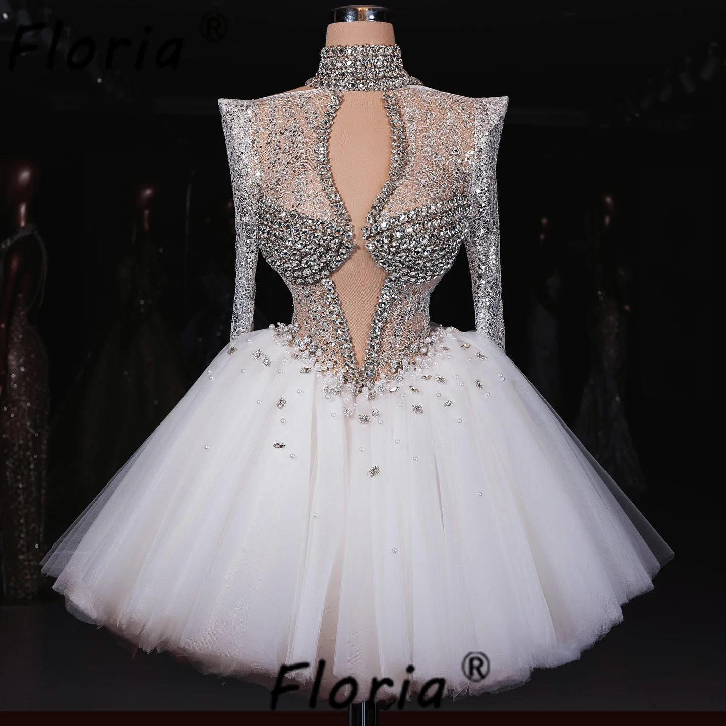 Sexy Crystal Bead Cocktail Dress Silver Beaded Long Sleeve See Through Top Tired Tulle Prom Dress Ballet Dancer Skirt Customized