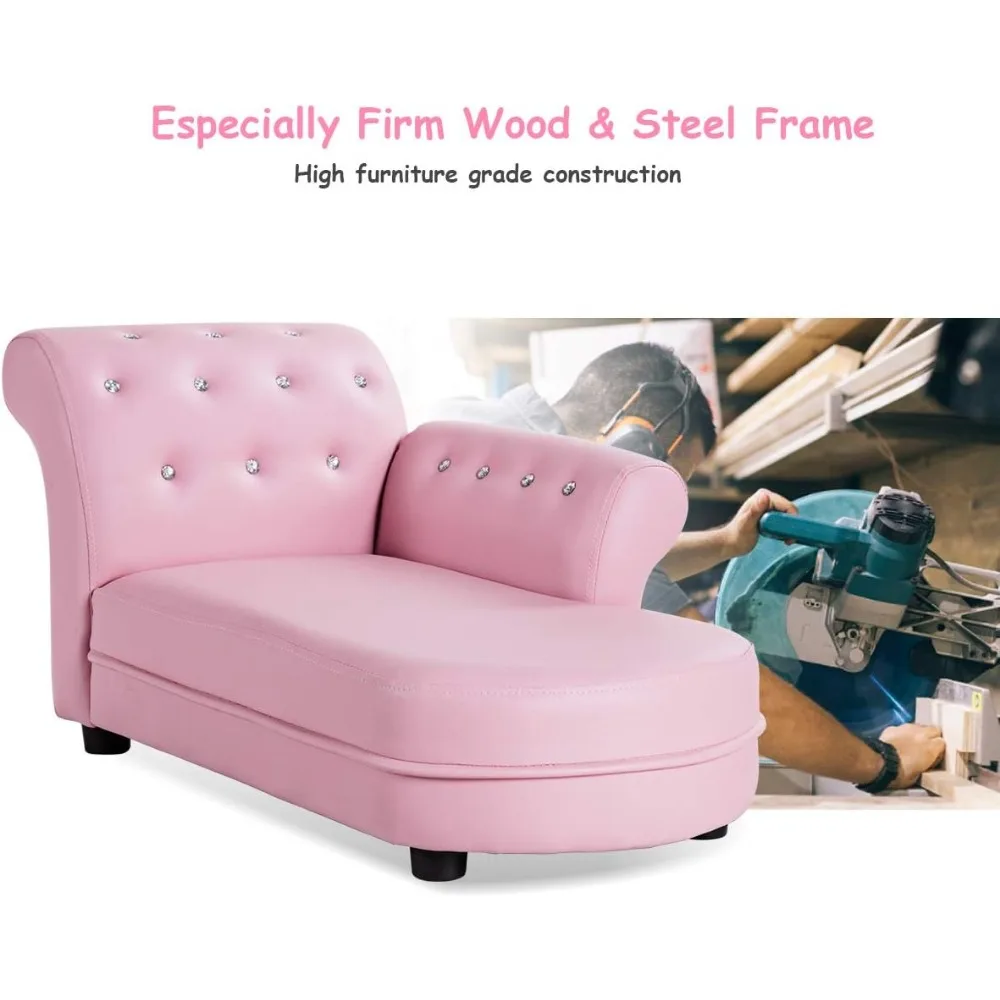 Kids Sofa, Pink Toddler Couch Princess Sofa with PVC Leather and Embedded Crystal, Upholstered Children Chaise Lounge 5