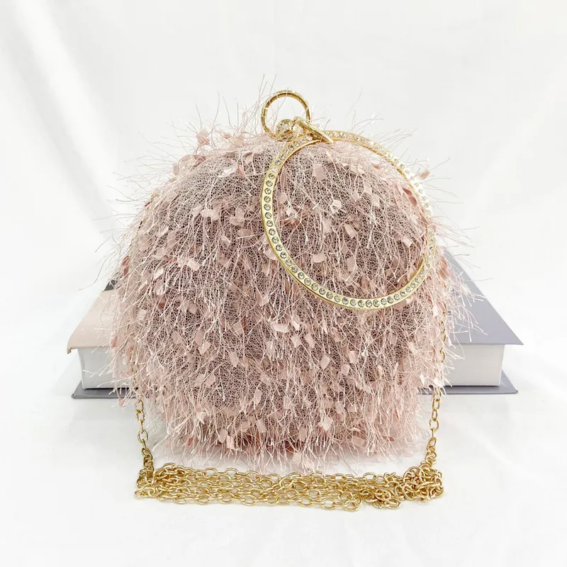 2022 new hand-made small round bag handmade furry evening bag one shoulder dress evening wedding wedding banquet bag 