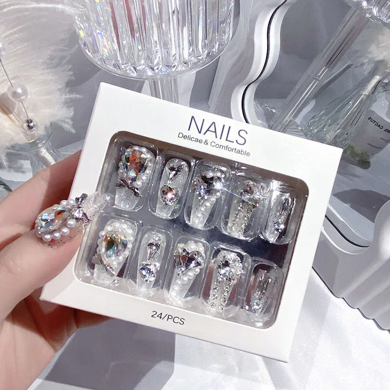 

24pcs Pearl Heart Diamond False Nail Bow Color 3D Rhinestone Full Cover Acrylic False Nails for Women and Girl Fake Nails