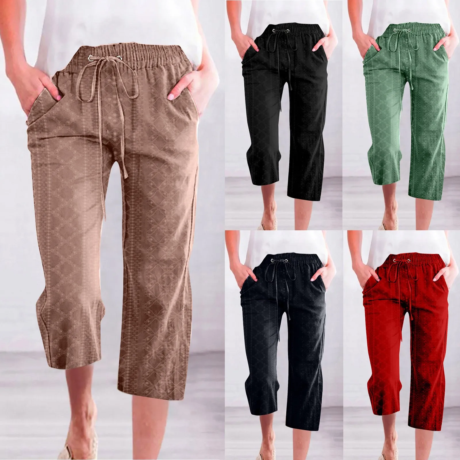 

Женские Элегантные Простые брюки, модные жаккардовые однотонные брюки-Капри на шнуровке, Свободные повседневные офисные женские брюки с эластичным поясом