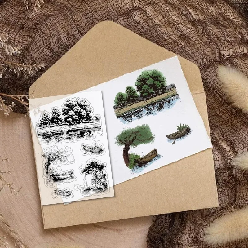 1Sheet Natural Scenery Clear Stamp For Card Making Trees Lake Background Rubber Stamps Reusable Transparent Silicone Decorative