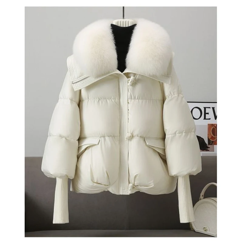 Winter New Fur Collar Puffer Down Parka Loose Down Warmer Thicken Snow Jacket Pocket Zipper Faux Fur Outerwear Female 3