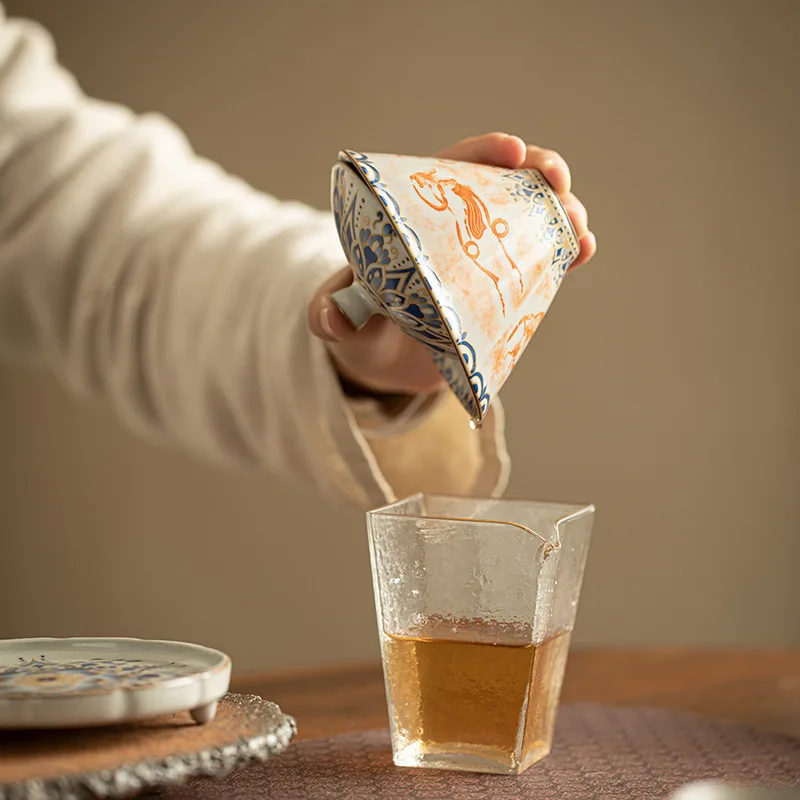 Jingdezhen Ceramics Rubbing Kweichow Moutai Dunhuang Tureen Kung Fu Tea Set Teacup Bamboo Hat Horseshoe Gaiwan Set, Covered Bowl