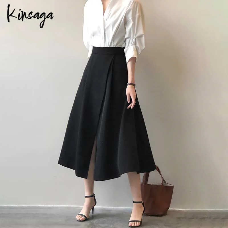 Grace Slit A Line Midi Skirt Lady Black French Street High Waist Mid Calf Draped Skirts Business Lounge Pleated Women Bottoms fsle retro age reducing college style skirt for women spring 2023 new mid length a line skirt black office lady skirts for women