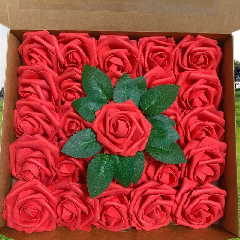 

25 Heads 8CM Artificial PE Foam Rose Flowers Bride Bouquet Flower For Wedding Party Decorative Scrapbooking DIY Flower with Box