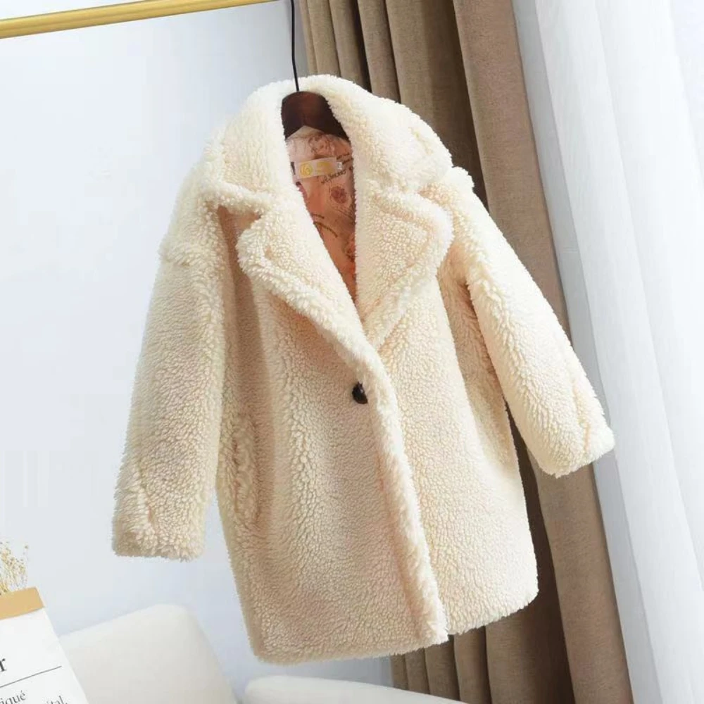 

Solid Single Button Girls Fleece Woolen Coats 2023 Autumn Winter Warm Full Sleeves Turn-down Collar Mid-Length Blends Outerwear