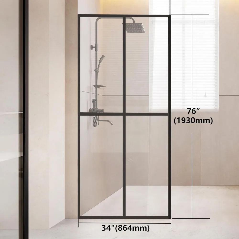 Shower Door Clear Tempered Glass,Framed Shower Screen Panel for Walk-in Bathroom,34”*74” Matte Black Silk Print Finish Shower 4