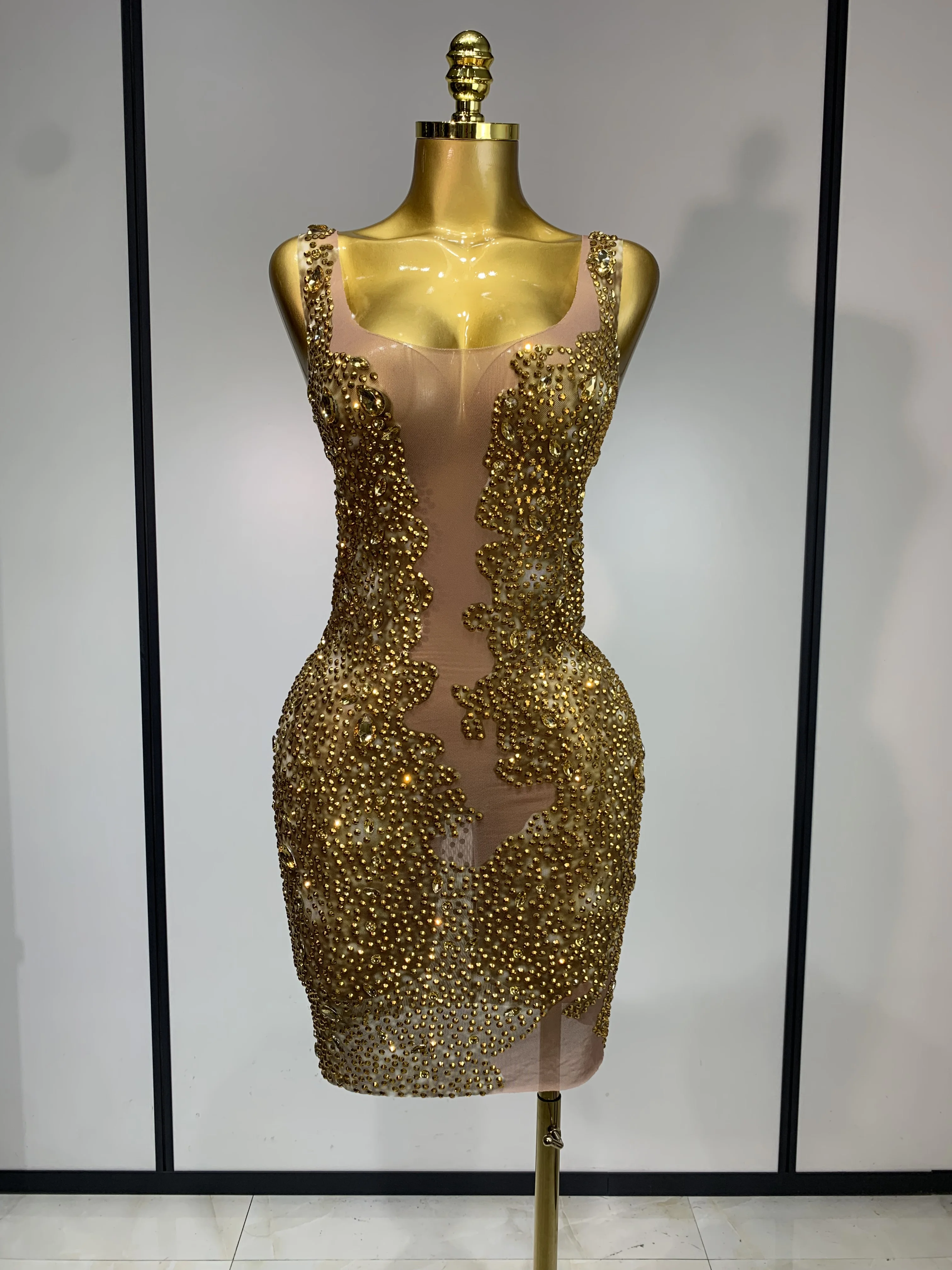 Women Sexy Stage Perform Outfit Club Gown Shining Gold Rhinestones Elegant  Mesh Dress Birthday Evening Party Photoshoot Costume - AliExpress 200000345
