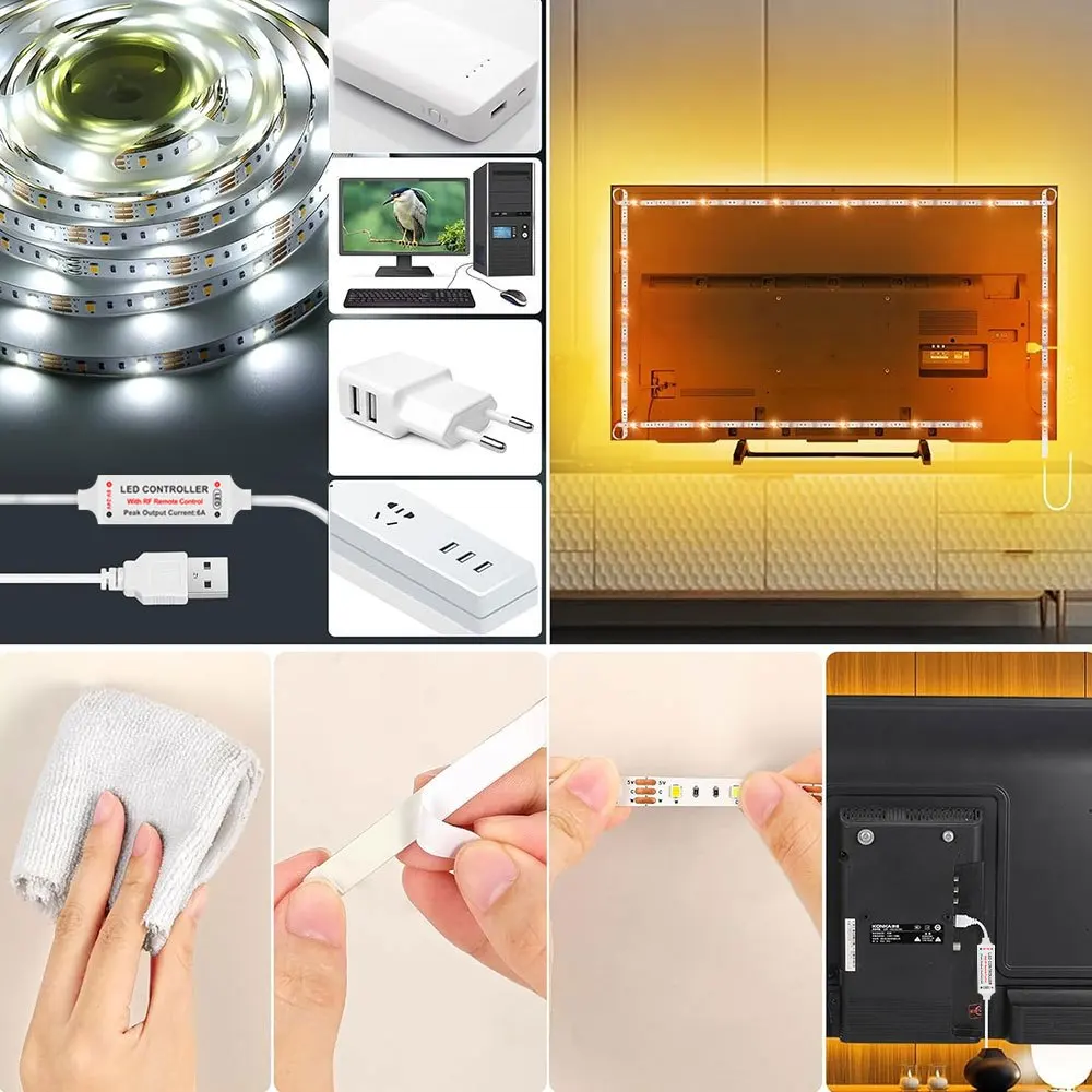 5V USB LED 스트립 조명 IR 리모컨 2835 1m-10m 웜 화이트 단색 플렉시블 테이프 조명