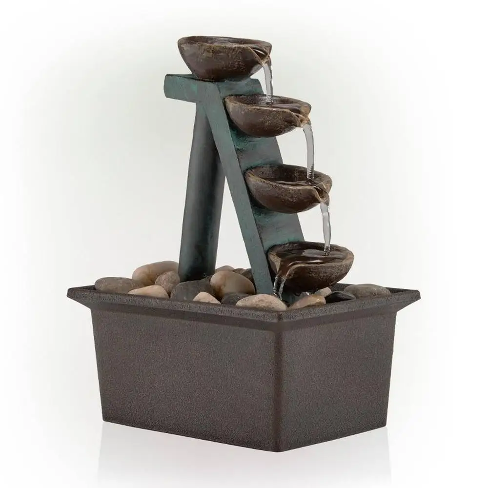 

4 Tiered Zen Step Tabletop Fountain Indoor Outdoor Rustic Bowls Relaxing Water Feature 8" Brown Weatherproof UL Pump Tranquil