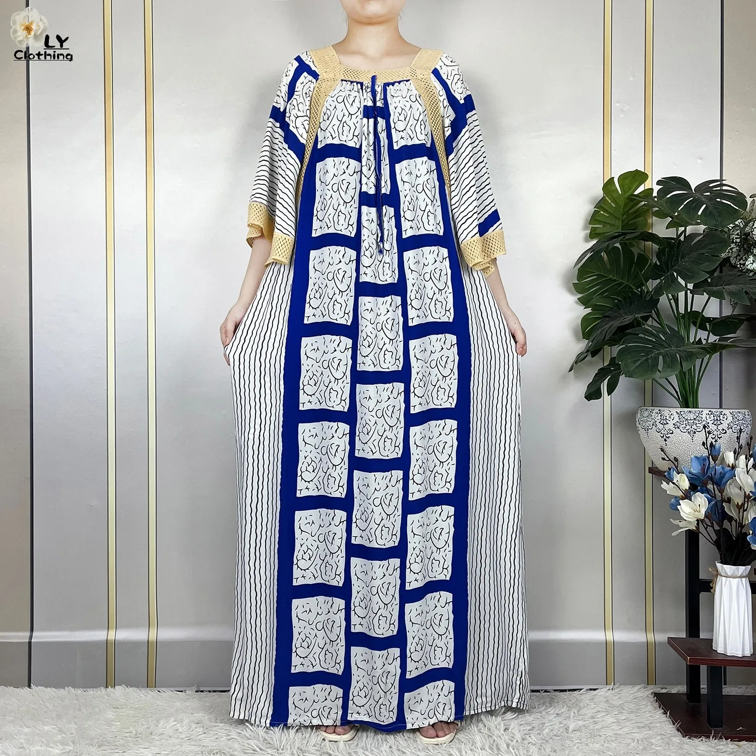2023 New African Islam Summer Femme Short Sleeve Stripe Printing Loose Dubai Fashion Robe Muslim Women Dress With Large Scarf 3