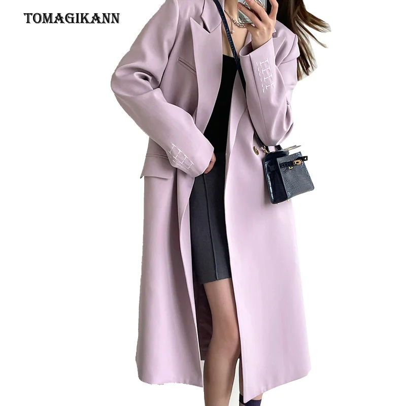 

Women Long Blazer Luxury Cuff Embroidery Double Breasted Suit Jacket Female Spring Autumn Office Lady Chic Overcoat Tops