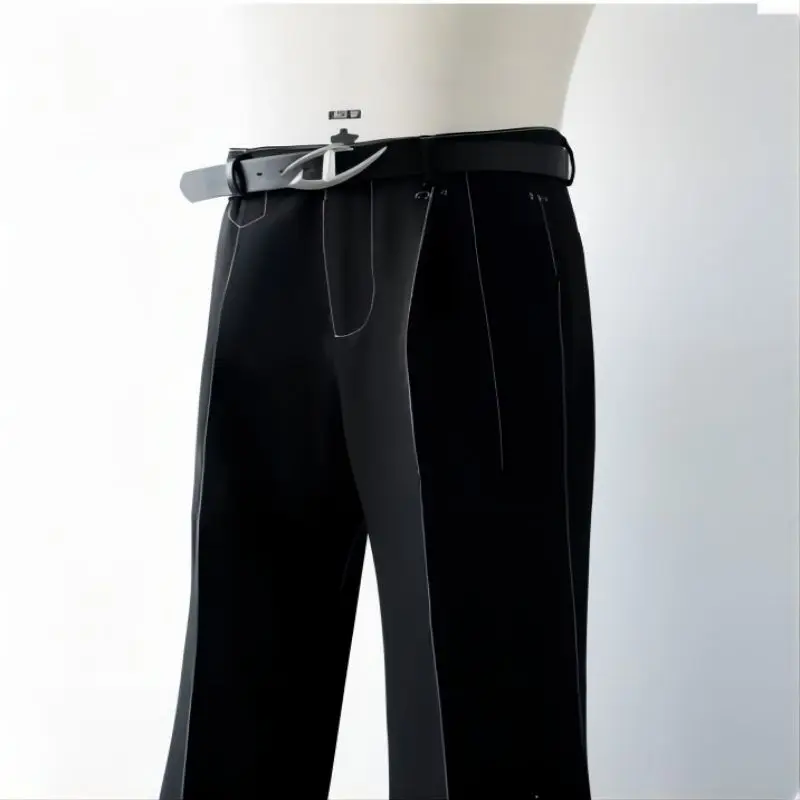 New men's nine point straight leg pants with stitching high-end drape black autumn and winter micro flared suit pants