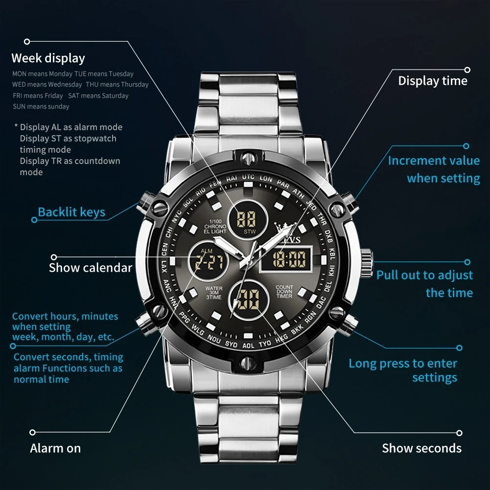 OLEVS 1106 Sport Digital Watch Gift Stainless Steel Watchband Round-dial Wristwatch Week Display Calendar Luminous Alarm 2