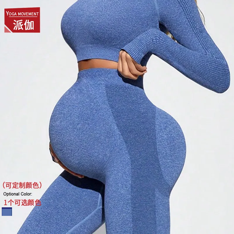 

Blue Pregnant Women Belly Support Push Up Leggings Yoga Long Sleeves Crop Top Workout Clothes Pregnancy Sport Casual Outfit