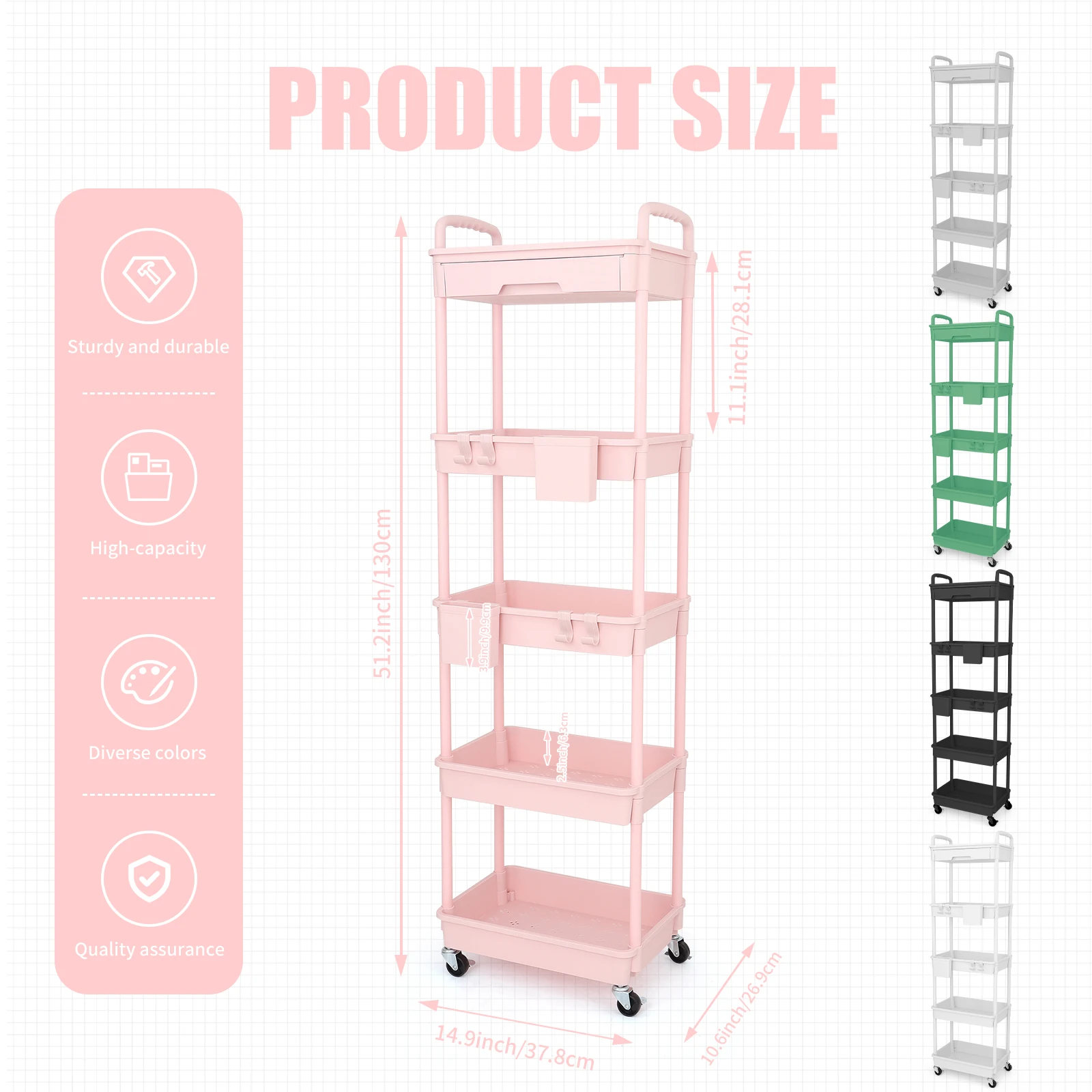 5 Tier Rolling Utility Cart with Drawer,With Drawer & Extended Poles,With Plastic Shelf & Lockable Wheels,Smooth Mobility