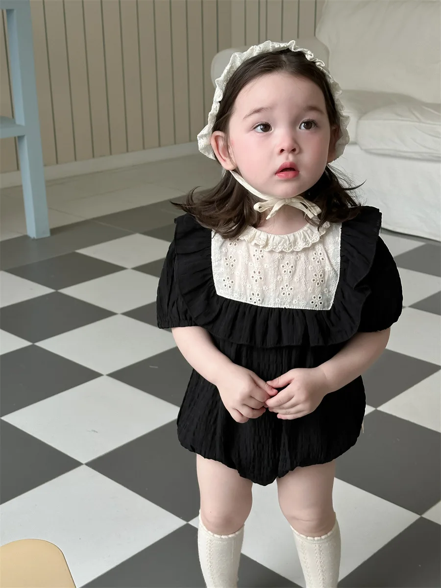 귀여운 레이스 칼라 귀여운 공주 점프수트, 짧은 소매 바디 수트,   얇은 옷, 0-24m, 2024 여름 신상