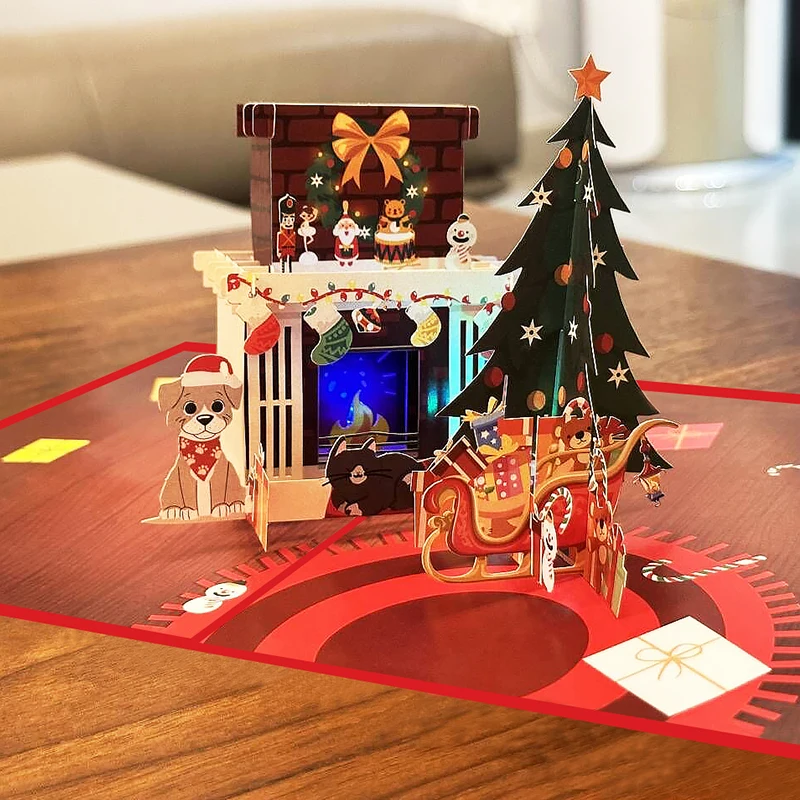 Sound Recordable Music 3d Pop Up Luxury Christmas LED Light Greeting Gift Paper Cards