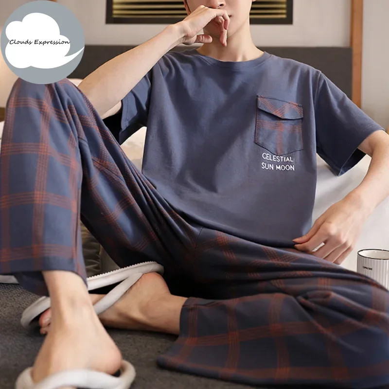 Summer Knitted Mens Pyjamas Pajamas Casual Pjs Lounge Sets Masculine Plaid Sleepwear Nightwear Pijamas Homewear 5XL pajama sets