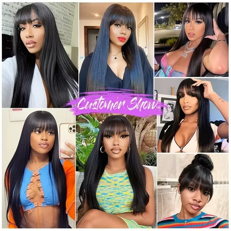 30 34 Inch Bone Straight Human Hair Wig With Bangs Fringe Brazilian 3x1 HD Lace Frontal Wigs 200% Density Remy Human Hair Wigs 6