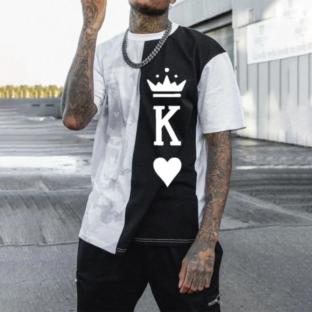 

Summer Men's Striped K T Shirt Stereo Printed Short Sleeve Sweatshirt King K/ Ace of Spades Pattern Harajuku T Shirt Oversized M