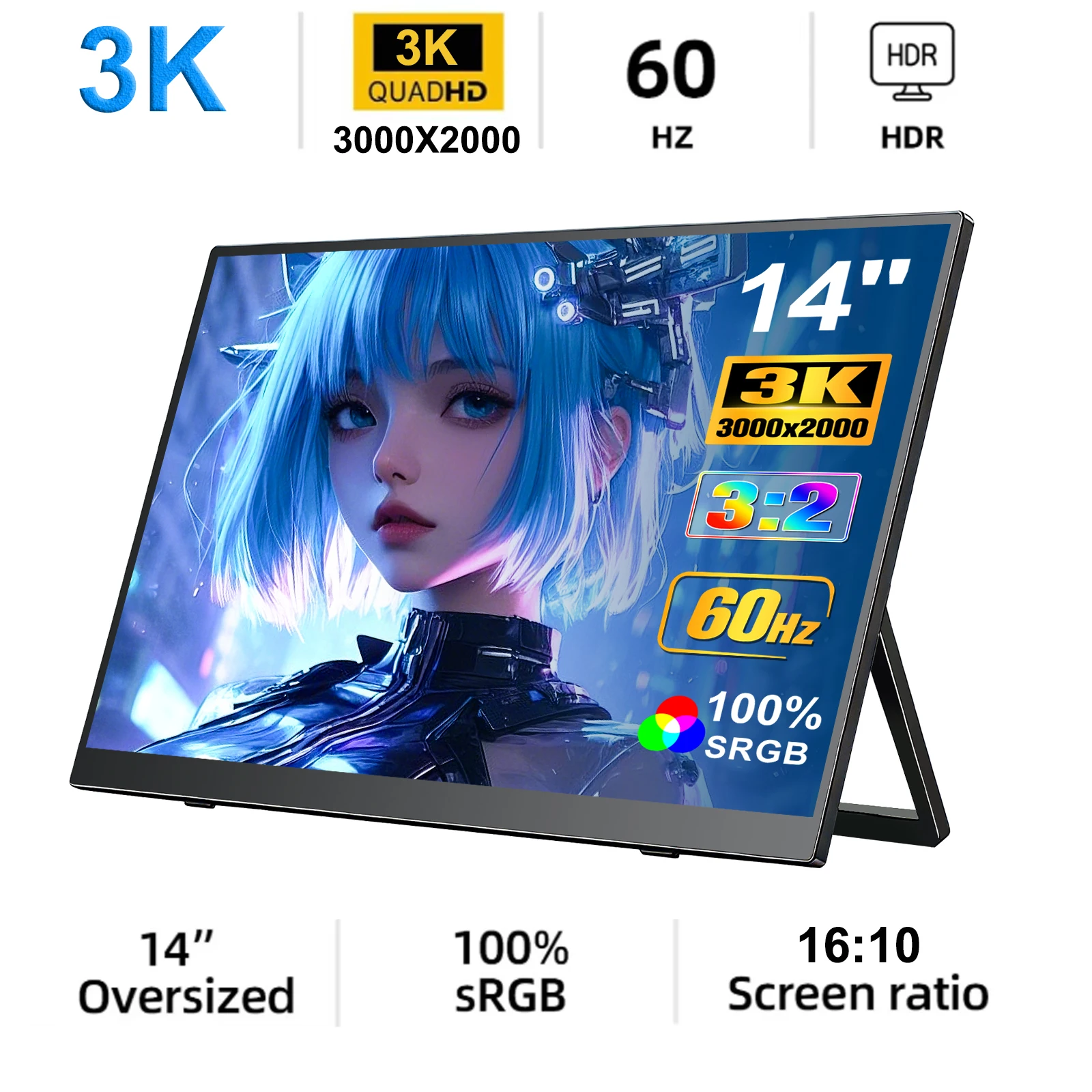 하우엔스 3000*2000 14인치 3K 휴대용 모니터 60HZ 노트북, 엑스박스, PS4/5, 스위치, TV 박스, 휴대폰, PC 확장 모바일 디스플레이용