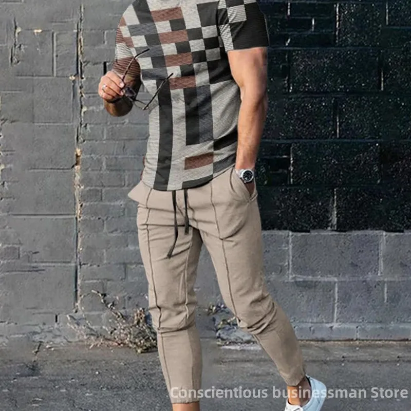 

Men's Long Trousers Set Stripe 3D Print Tracksuit For Men 2 Piece Summer Men's Suit Short Sleeve T Shirt+Long Pants Men Clothing