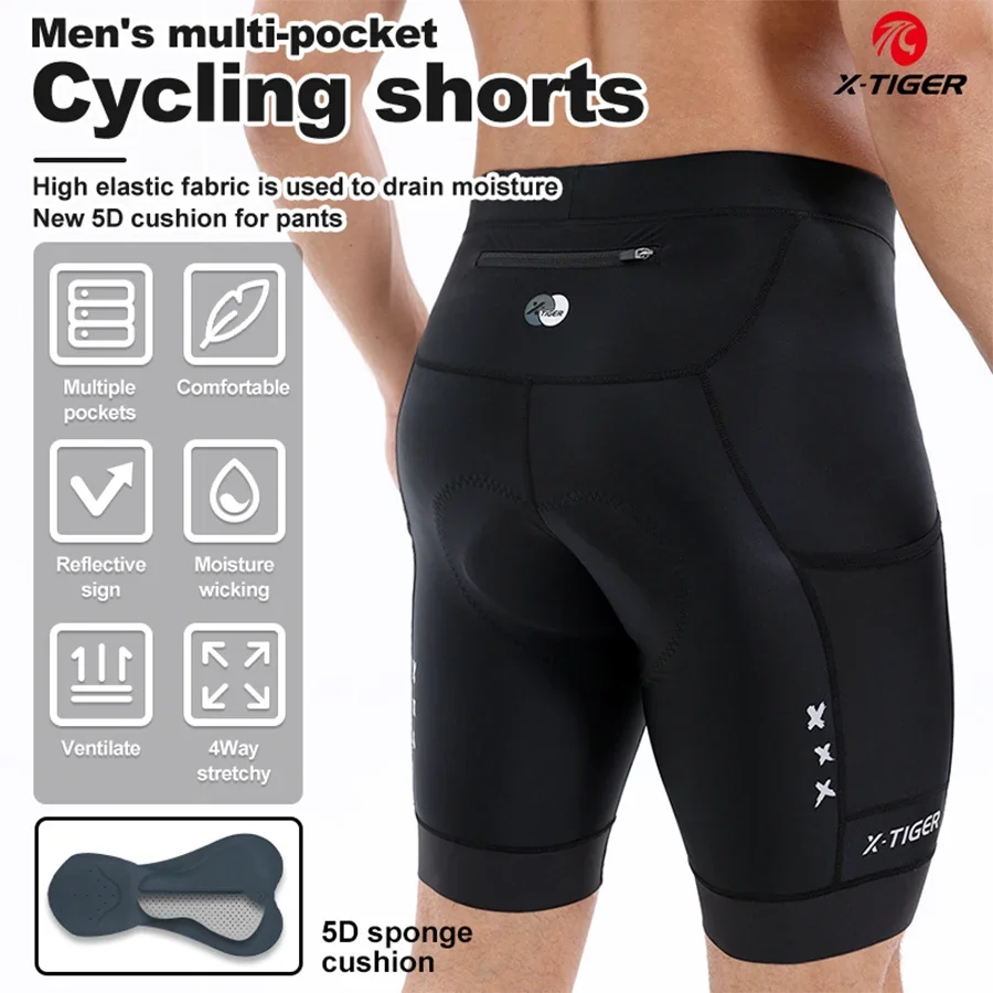 Cycling Knee Shorts 5D Padded Back Pocket Anti-Slip Breathable Biking Riding Half Pants Tights Road Mtb Bike Shorts for Men