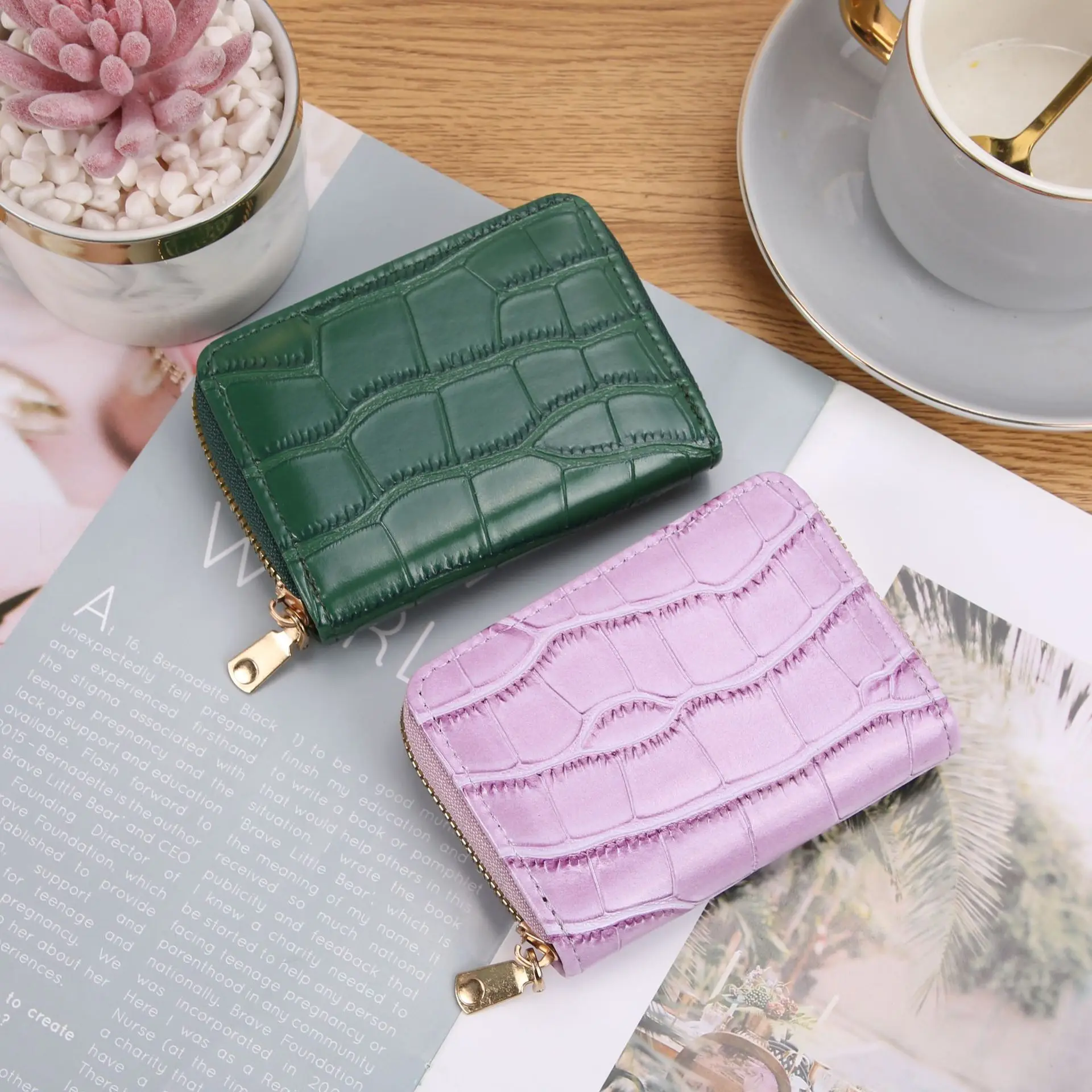 Vintage Small Women Crocodile Card Holder Wallets Leather rfid Zipper Coin Purse Credit Card Holder Driver's License Case
