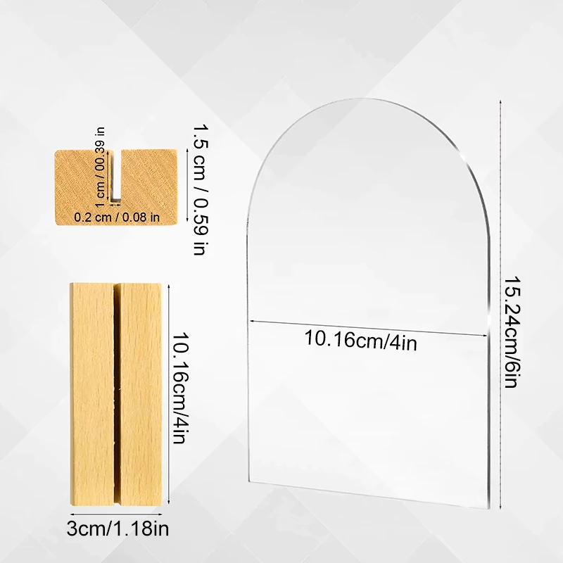 Description Picture 2 of item1PC Acrylic Arch Sign Transparent Blank Guest Name Tags with Wooden Stand Wedding Party Table Numbers Place Card Decorations