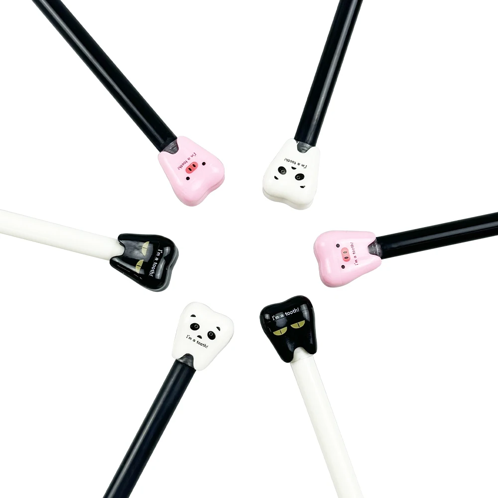 6pcs 시그니처 펜 귀여운 치아 테마 블랙 젤 펜 부드러운 잉크 필러 펜 치과 사무용품