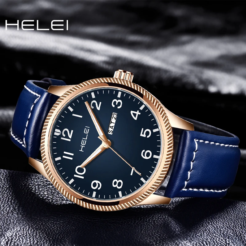 HELEI2024 Fashion Men's Belt Pointer Casual Men's Quartz Watch Leather Strap Calendar Week Display Waterproof Men's Watch