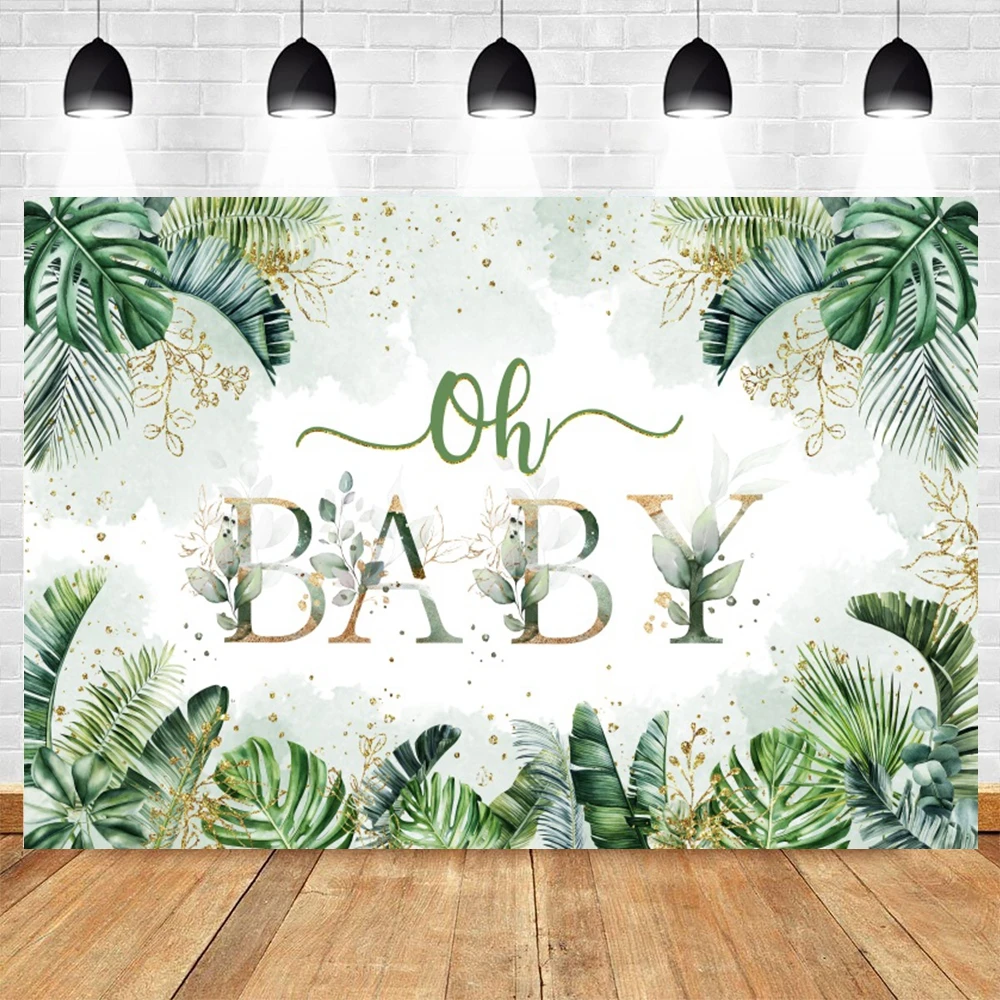 Oh Baby Baby Shower Backdrop Newborn Kids 1st Birthday Party Green Leaves Floral Cake Smash Photography Props Background Banners