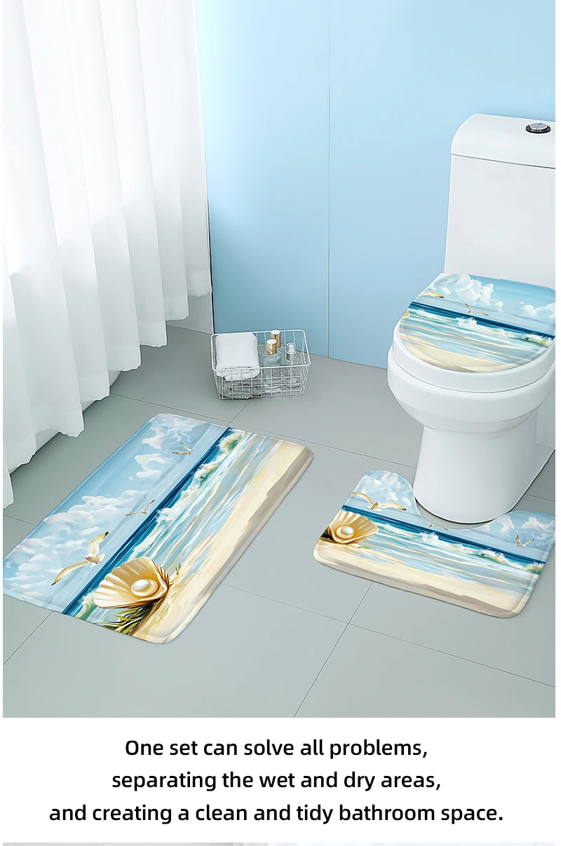 Description Picture 5 of itemWashable 3-Piece Bathroom Rug Set Non-Slip Ocean Theme Toilet Mat Bathtub Foot Pad Door Mat Flannel Decor with Shell Print