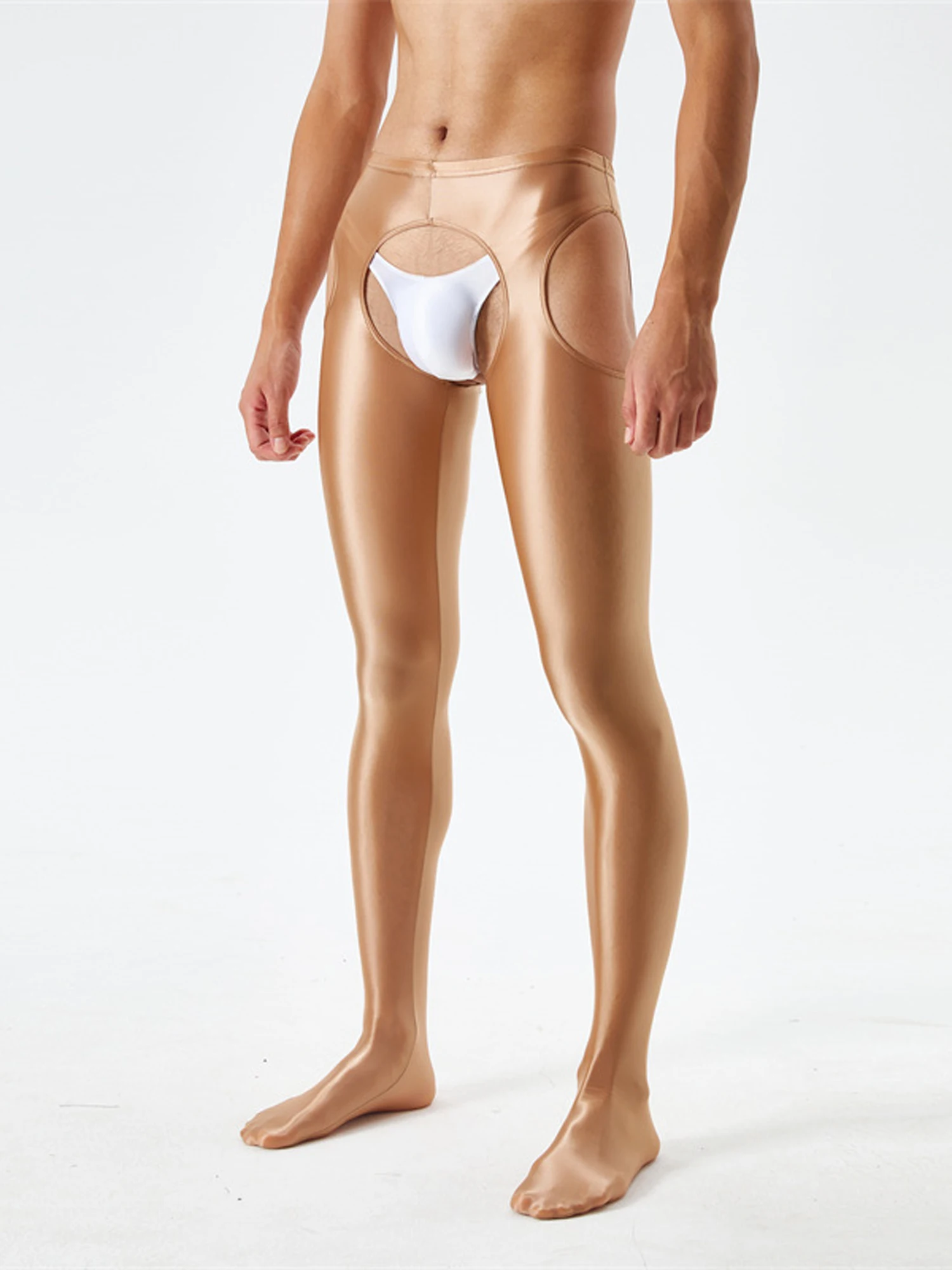 Mens Lingerie Open Butt Skinny Pants Sexy Crotchless Pantyhose Glossy Mid Waist Tights Elastic Waistband Hot Cutout Leggings men leggings