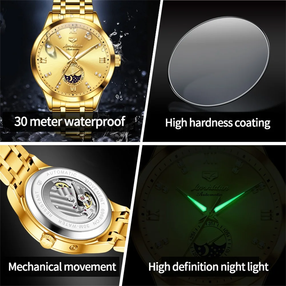 JSDUN 8969 Men's Watch Moon Phase Date Mechanical Watch For Men Original Diamond Scale Business Male Wristwatch Waterproof